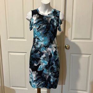 Michael Kors Cold Shoulder Blue and Black and White Mini Dress